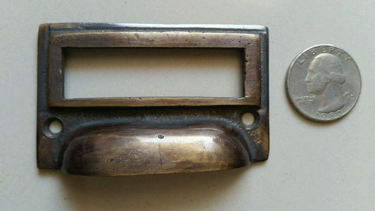 2 tarnished brass File Apothecary drawer pull Handles 2-3/4"w. Label holders #F1