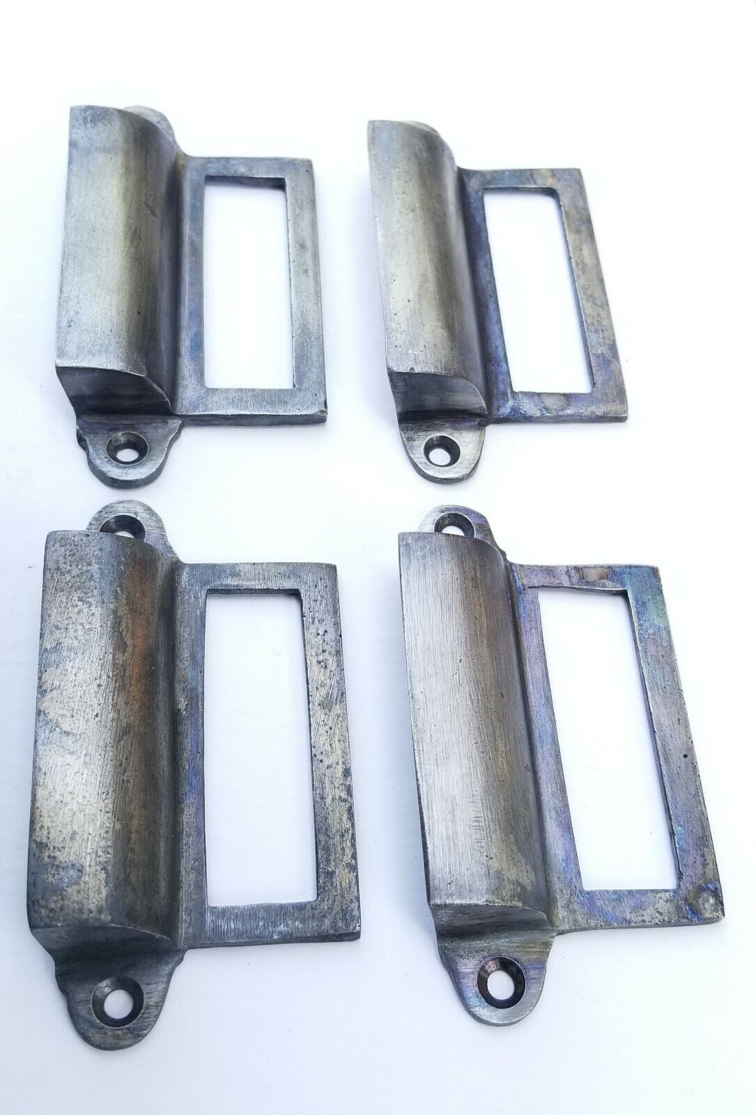 4 Antique Pewter brass Card File Cabinet Handle, File Label Holders 3-1/4"w. #Q3