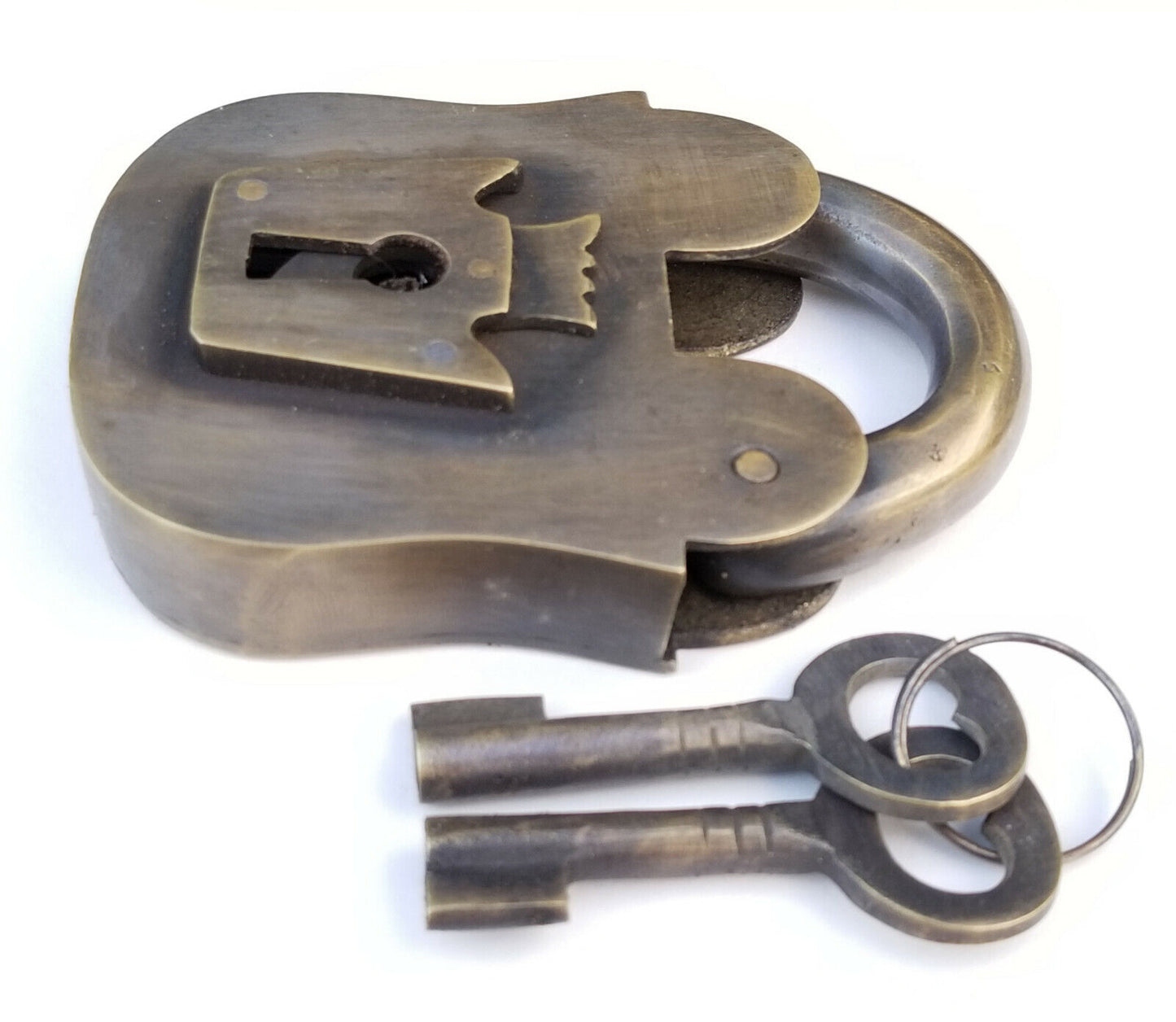 Large 4" PADLOCK Vintage stye old antique Solid Brass with 2 Skeleton Keys #L5