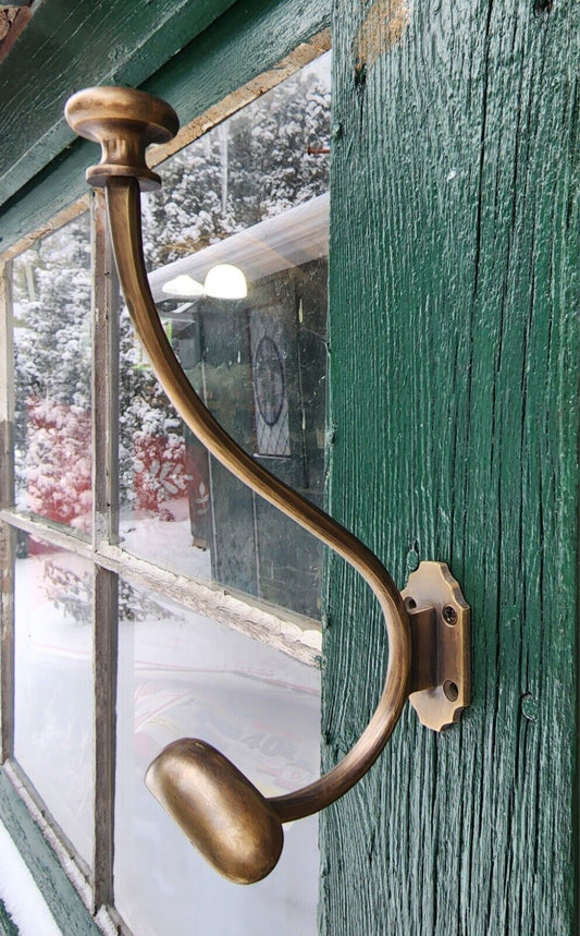 1 x Large Antique Style Solid Brass Wall Mount double Hook Coat / Hat Rack #Q10
