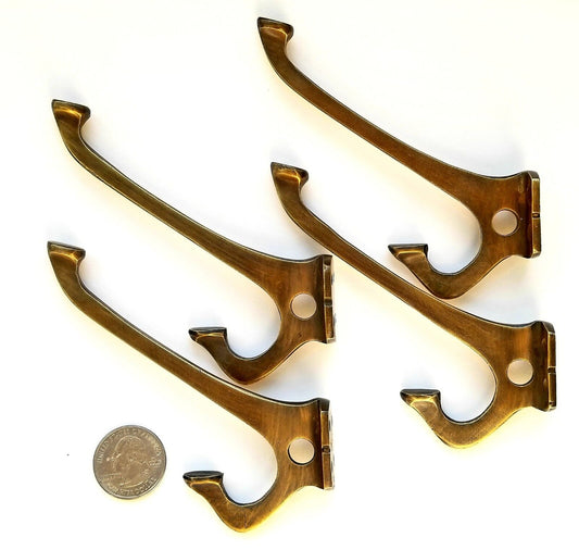 4 Arts and Crafts Mission Antique Style Coat Hat double hooks 4" brass #C7