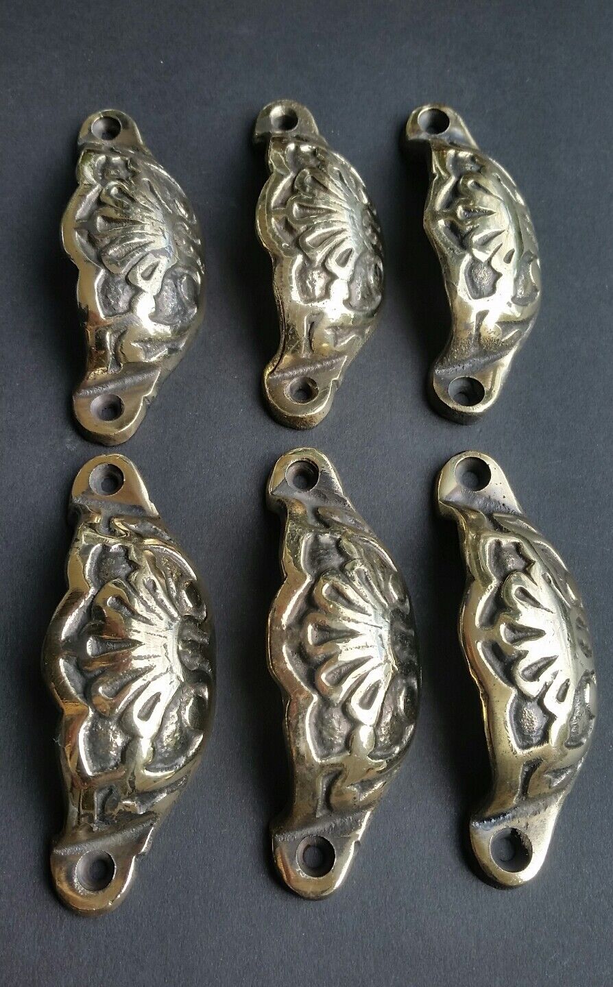 6 Apothecary Drawer Bin Pull Handles POLISHED Brass Ant.Victorian Style 3"c. #A2