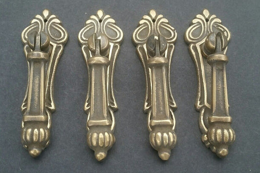 4 Antique Style Vertical Brass Ornate Pendant Drop Pull Handles 3 1/4" #H7