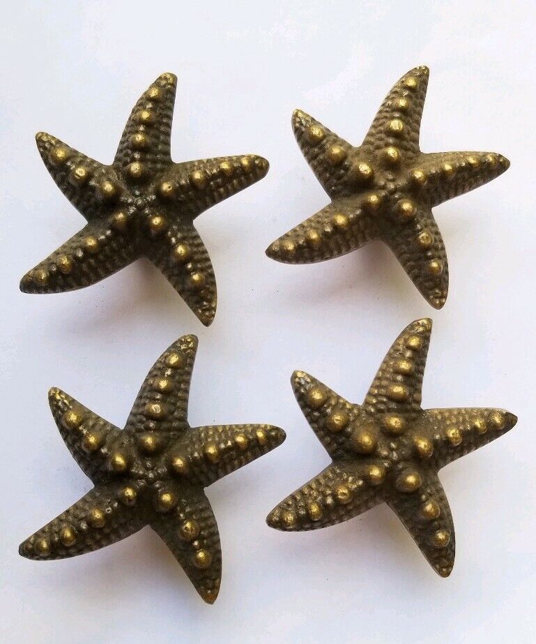 4 Starfish Brass Knobs Drawer Pull Handles 2" Ocean Beach Seaside #K9