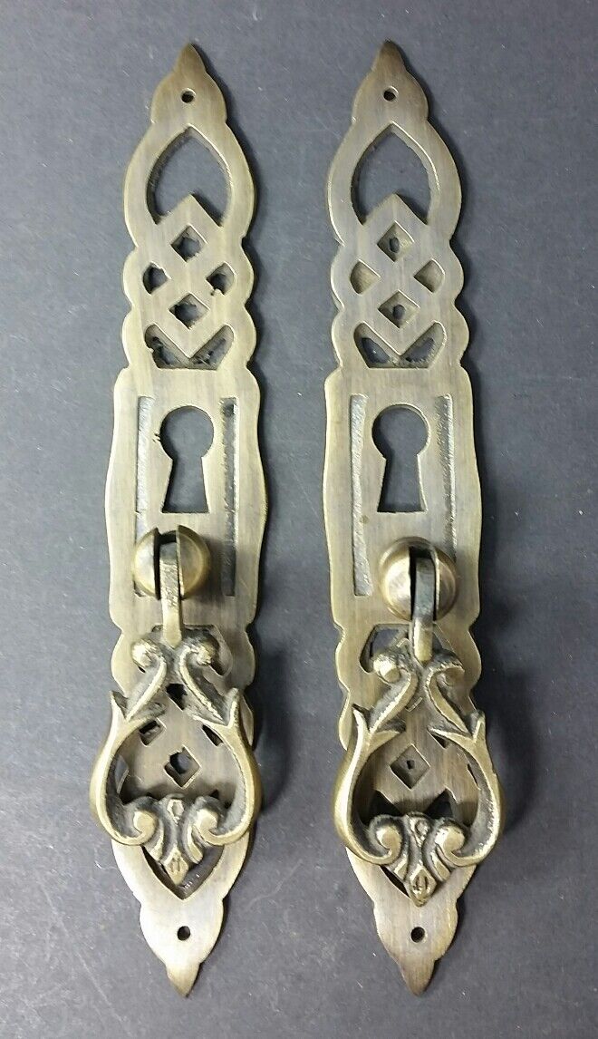 2 Lg.Ornate long Brass Handle Drawer Pulls knobs 5 3/8" x 7/8" #H37