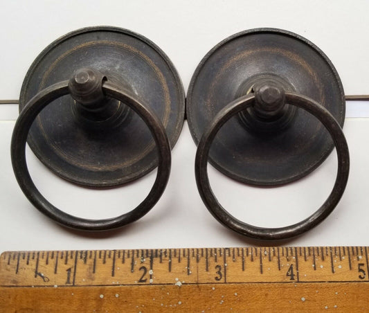 2 Rustic Antique Large Brass Round Rng Pull Handles 2-3/8" backplate ,bolts #Q9