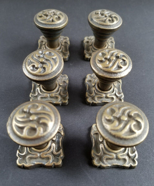 6 Ornate Art Nouveau Ornate Brass Knobs, Pulls hardware w. 1" back plate #K5