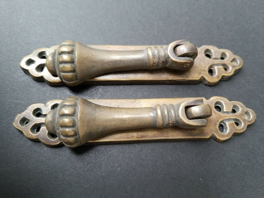 2 Antique Style Vertical Brass Ornate Pendant Drop Pull Handles 4-1/4"long #Z38