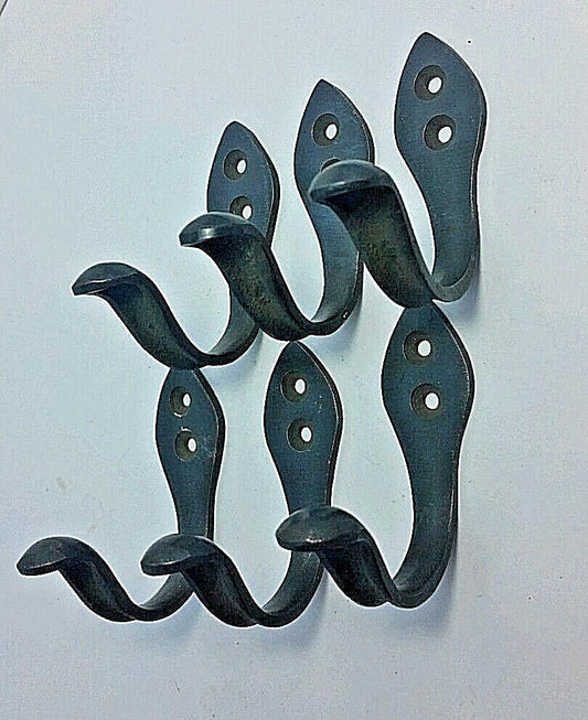 6 Antique Style Single Coat Hat Hooks 2-1/8" tall Solid Brass w. dark finish #C8