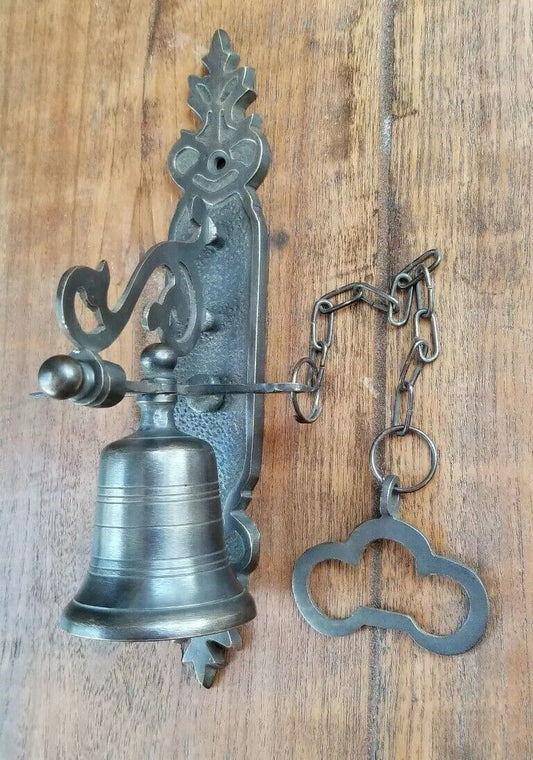 Antiqued Brass Pull Door Bell w. Chain Vintage Style 8" Gate, Service Bell #Z79