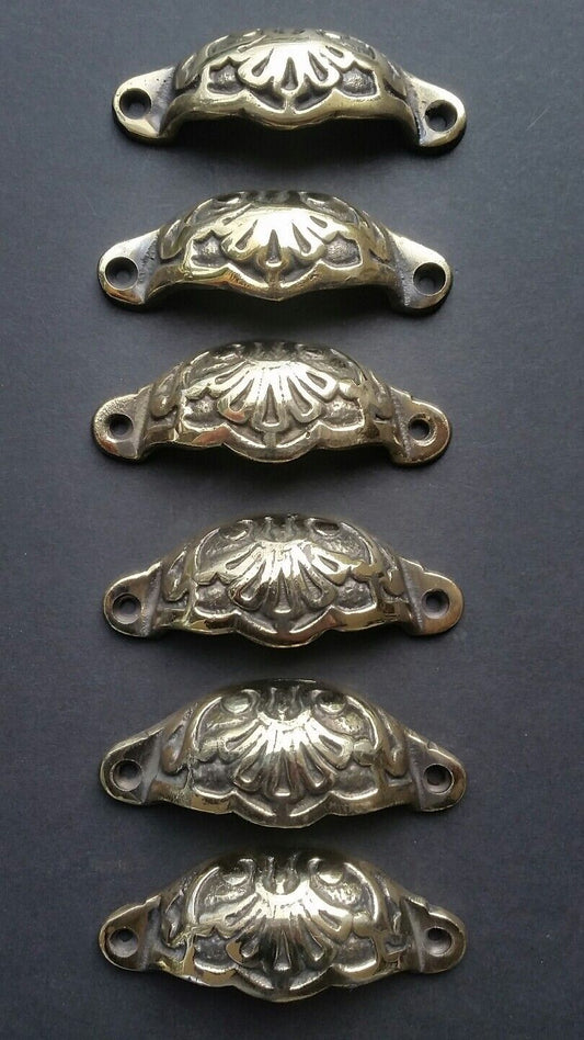 6 Apothecary Drawer Bin Pull Handles POLISHED Brass Ant.Victorian Style 3"c. #A2