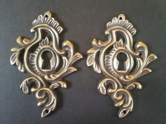 2 Antique Brass Keyhole Escutcheons Hardware Ornate Fancy Keyhole Escutcheon #E7