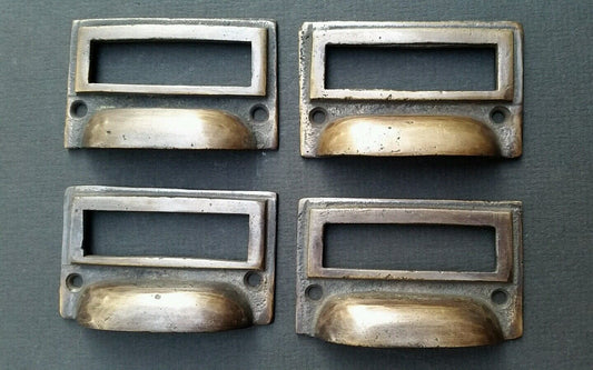 4 tarnished brass File Apothecary drawer pull Handles 2 3/4"w. Label holders #F1