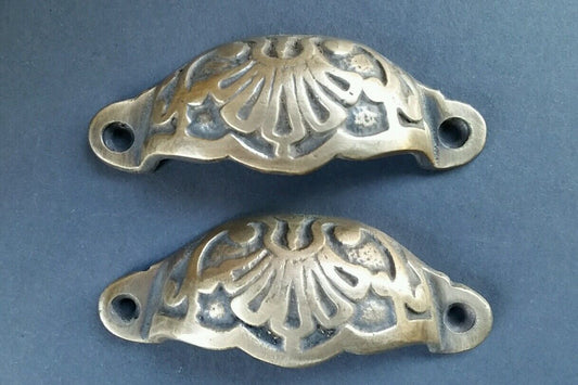 2 Apothecary Drawer Cup Bin Pulls Brass Handles Ant. Victorian Style 3"c. #A2
