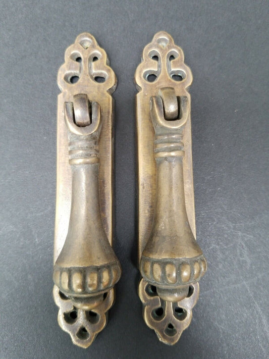 2 Antique Style Vertical Brass Ornate Pendant Drop Pull Handles 4-1/4"long #Z38
