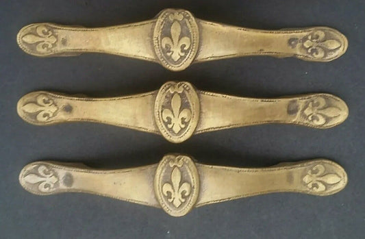 3 x  #P3  Fleur de Lis design solid brass handles 5-5/8" overall wide #P3