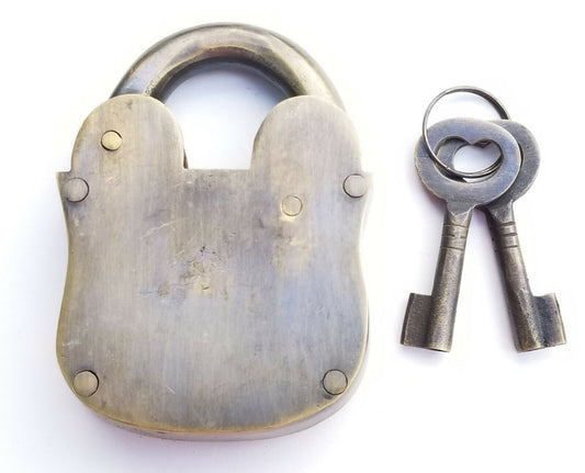 Large 4" PADLOCK Vintage stye old antique Solid Brass with 2 Skeleton Keys #L5
