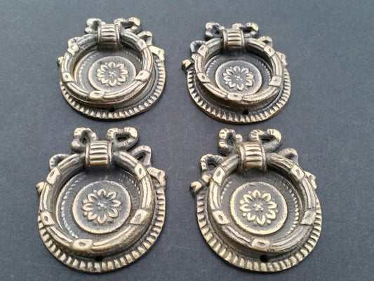 4 ornate round ring pull handles with detailed ribbon backplate 1 5/8" #H23