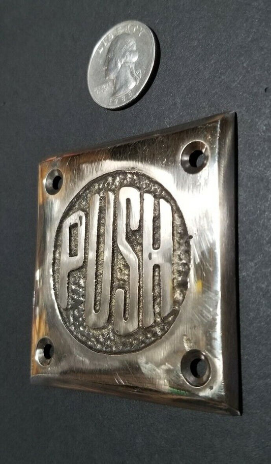 Art Deco Door PUSH sign plaque Rare Antique POLISHED solid brass 2-1/2" #F14