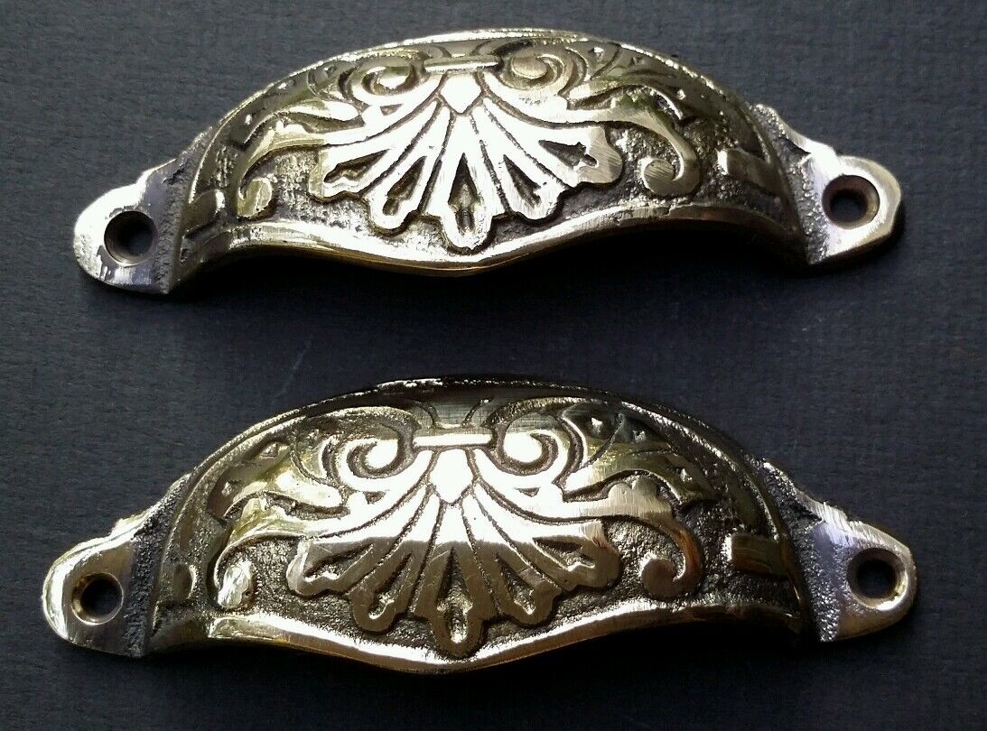 2 Apothecary Drawer Pull Handles"POLISHED" Brass 3-1/2"c Ant.Victorian Style #A1