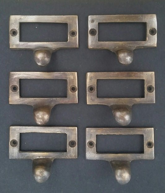 6 Brass Card File Holders With Handles Antique Style 2-1/8" wide x 1" tall  #F2