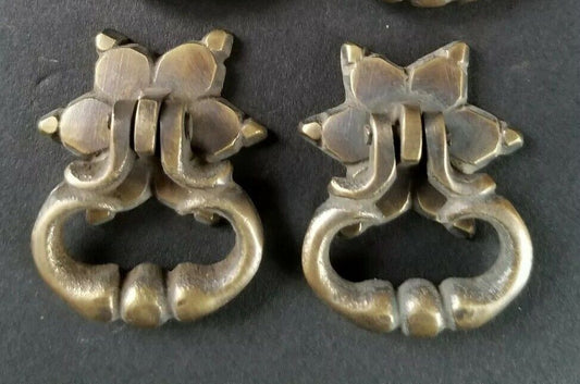 2 x Small Brass Handle Pulls, Ornate Drop Ring, Rosette Backplate 1-1/4" #H14