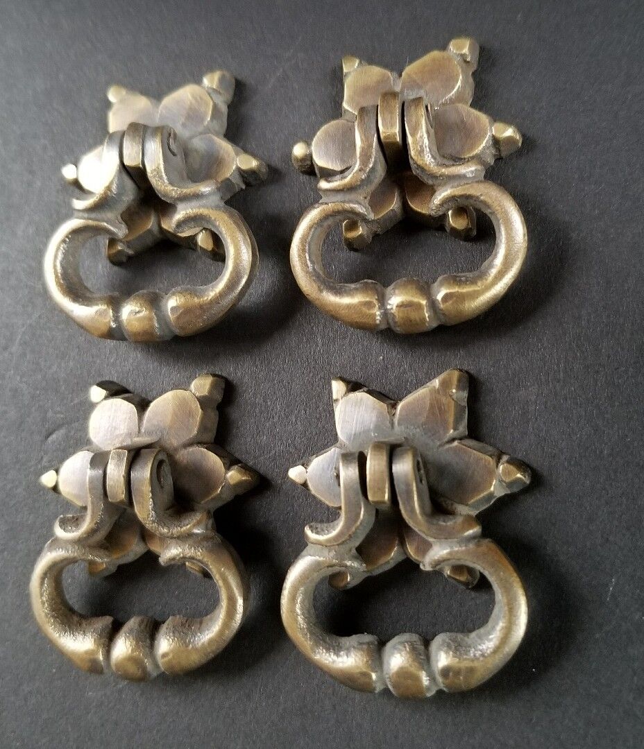 4 Brass Handle Pulls, Ornate Drop Ring, bolts and Rosette Backplate 1-1/4" #H14