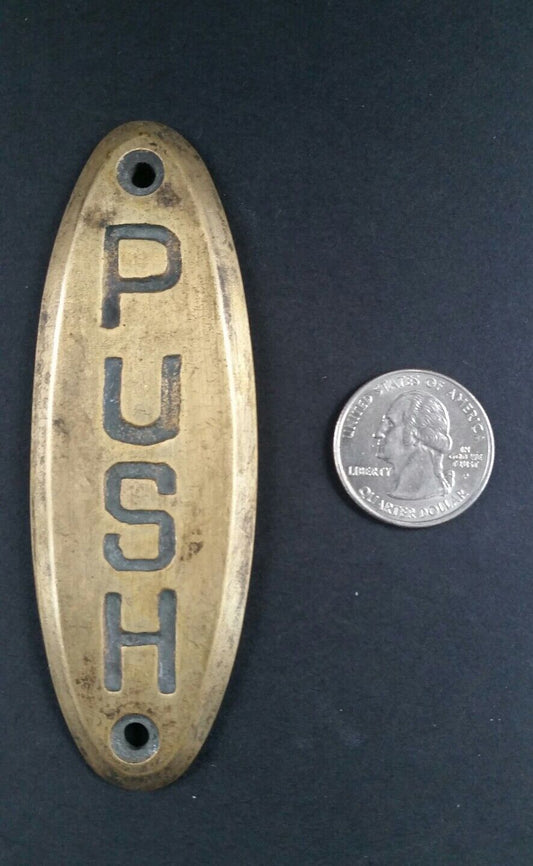 PUSH Door or Bell sign Antique Original Reclaim Art Deco Solid Brass 4" #F6