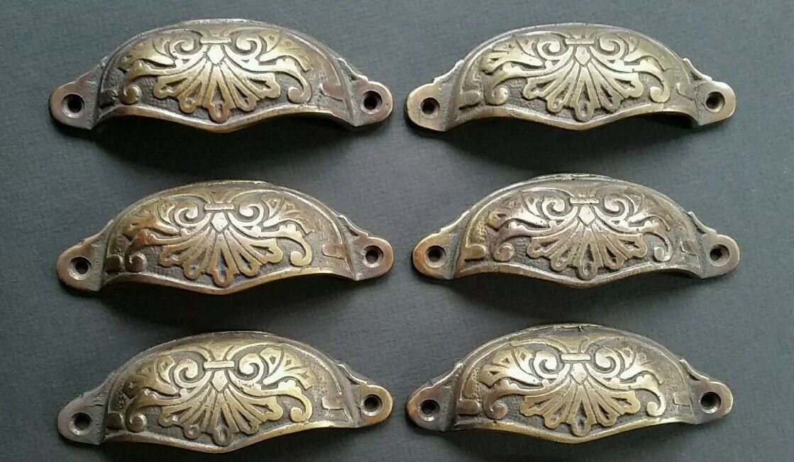 6 Apothecary Drawer Cup Bin Pull Handles 3-1/2"c. Antique Vict. Style Brass #A1
