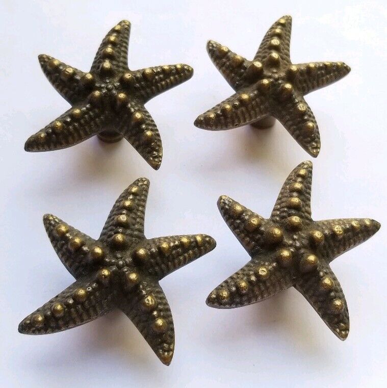 4 Starfish Brass Knobs Drawer Pull Handles 2" Ocean Beach Seaside #K9