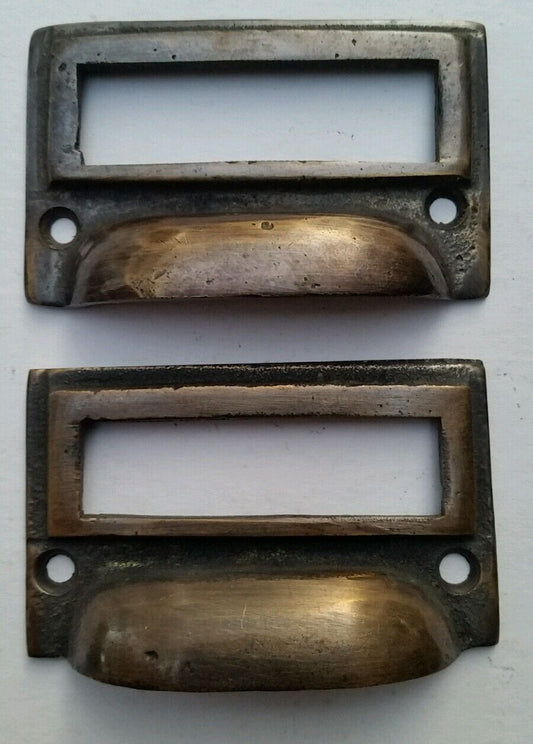 2 tarnished brass File Apothecary drawer pull Handles 2-3/4"w. Label holders #F1