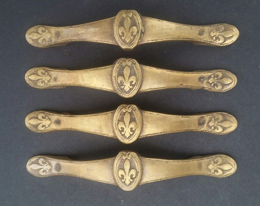 4 Ant. Vtg. Style French Fleur de Lis solid brass handles, pulls, 5 5/8" w # P3