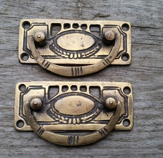 2 Arts and Crafts Antique-Style Brass Handles Pulls Hardware 3 1/8"w #H33