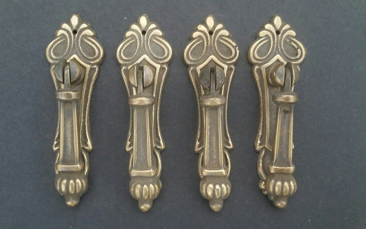 4 Antique Style Vertical Brass Ornate Pendant Drop Pull Handles 3 1/4" #H7
