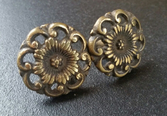 2 Antique Style Solid Brass ROUND KNOBS Ornate FLORAL 1-5/8" dia. #K24