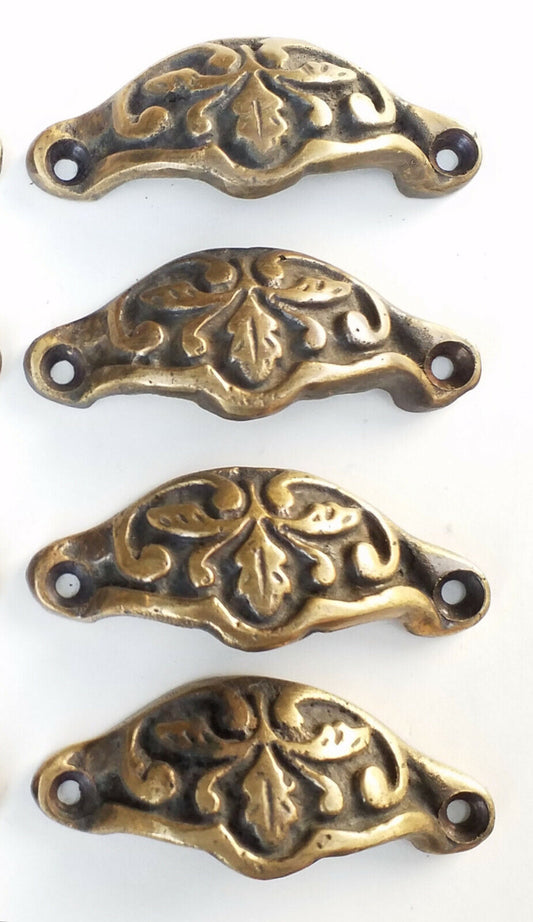 4 Ant. Vict.Style Brass Apothecary Cabinet Pull Handles 2-3/8"ctr. Oak Leaf #A3