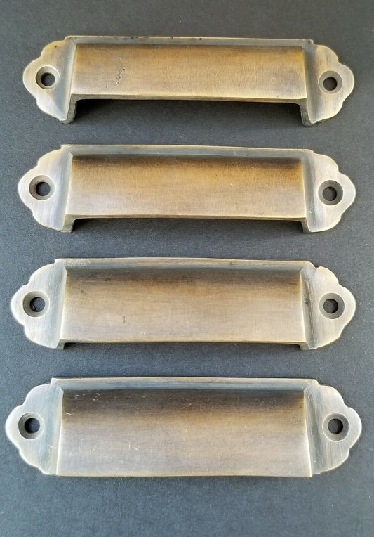 4 Antique Vintage Style Brass File Cabinet, Bin Pull Cup Handles 3-1/8" ctr #A18