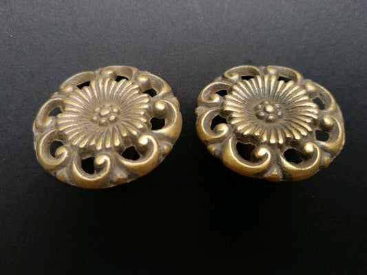 2 Antique Style Solid Brass ROUND KNOBS Ornate FLORAL 1-5/8" dia. #K24