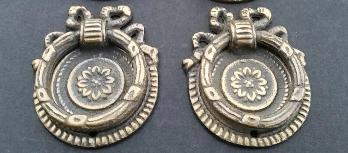 2 x ornate round ring pull handles with detailed ribbon backplate 1 5/8" #H23