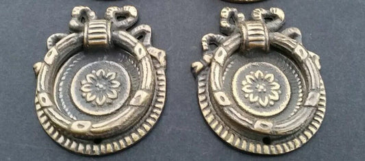 2 x ornate round ring pull handles with detailed ribbon backplate 1 5/8" #H23