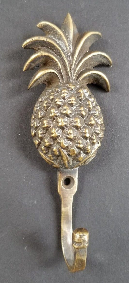 4-1/4" Ant. Style PINEAPPLE Solid Brass HOOK Hanger, Coat, Hat, Towel #C13