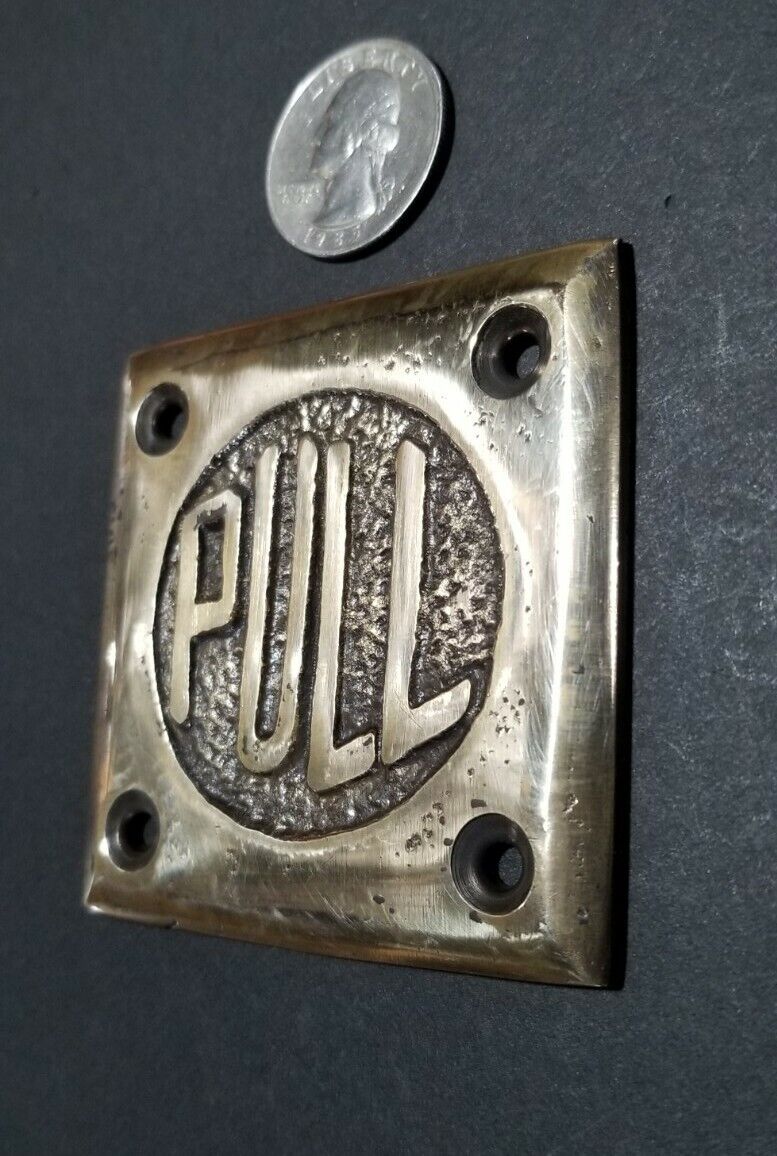 Art Deco Door PULL sign Rare Unique Antique POLISHED solid brass 2- 1/2" #F15