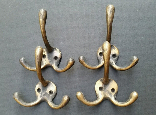 4 Strong Antique Style Solid Brass Triple Coat Hat Towel Hooks 3-1/4" x 3" #C2