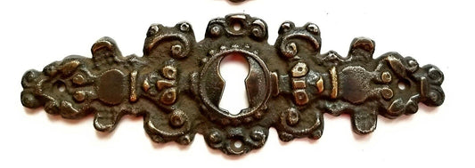 2 Antique Brass Keyhole French Escutcheons Hardware Ornate Keyhole 4-1/4" #E8