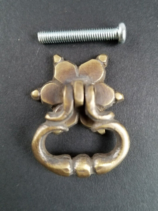 6 Brass Handle Pulls, Ornate Drop Ring, bolts and Rosette Backplate 1-1/4" #H14