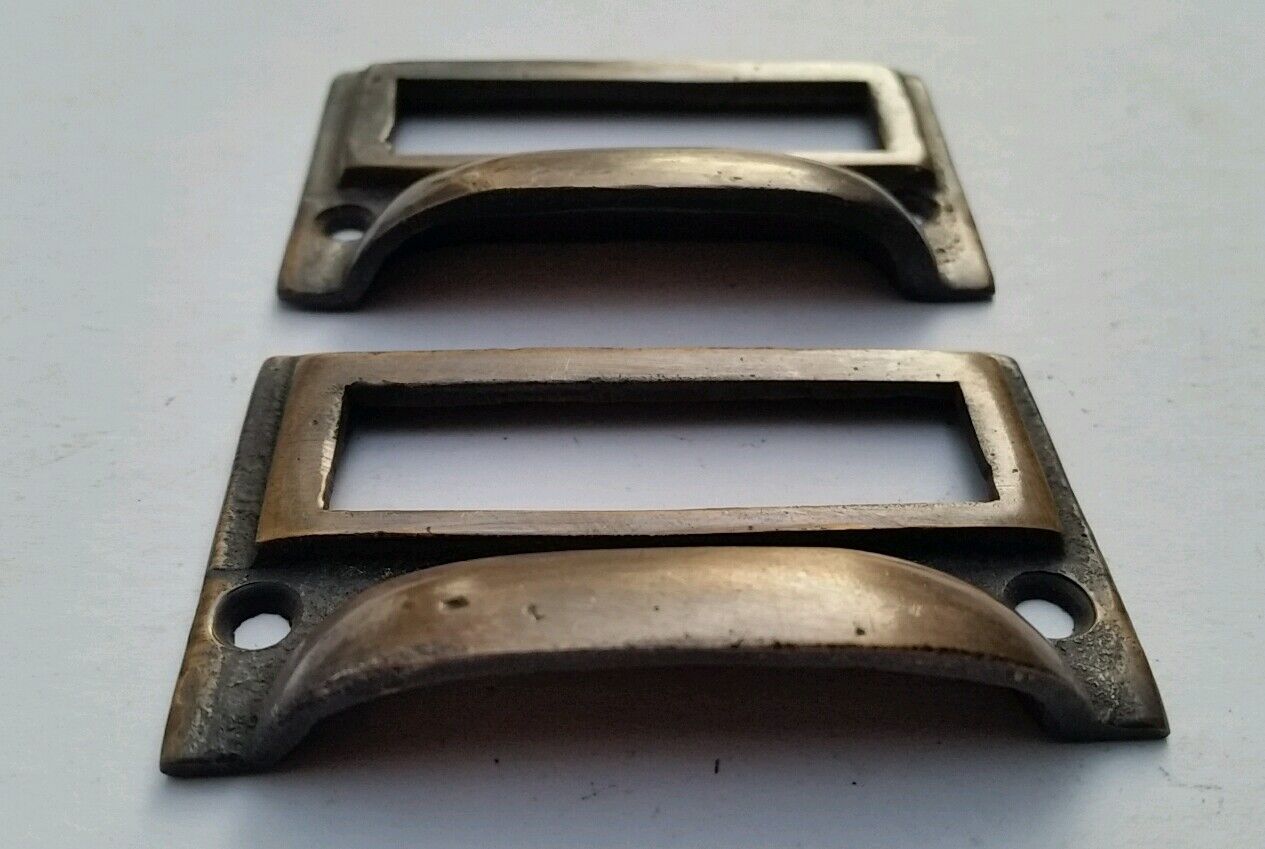 2 tarnished brass File Apothecary drawer pull Handles 2-3/4"w. Label holders #F1