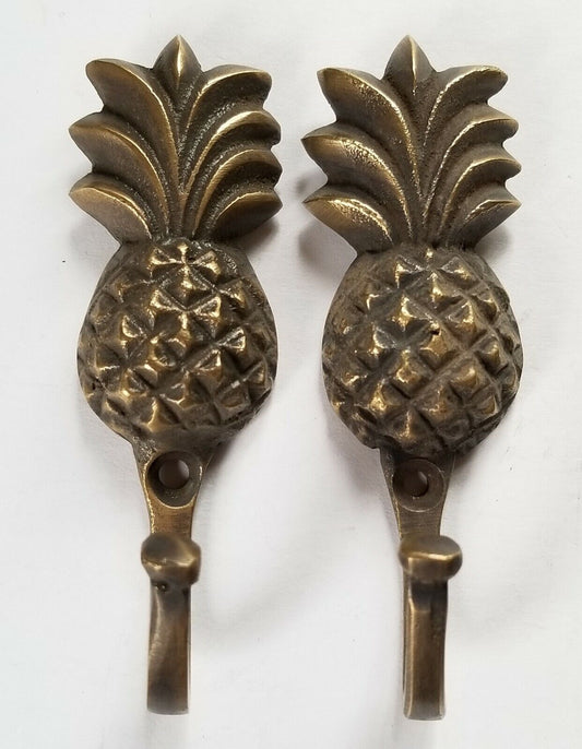 2 Vintage Style PINEAPPLE Fruit Strong HOOK Hanger Brass Coat Hat Hanger 3" #C21