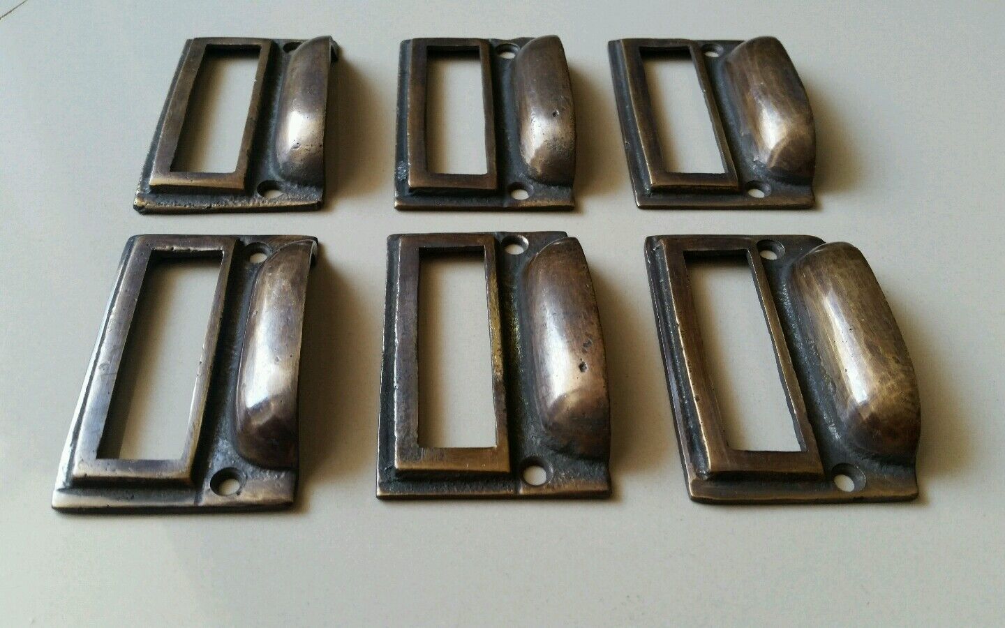 6 tarnished brass File Apothecary drawer pull Handles 2 3/4"w. Label holders #F1