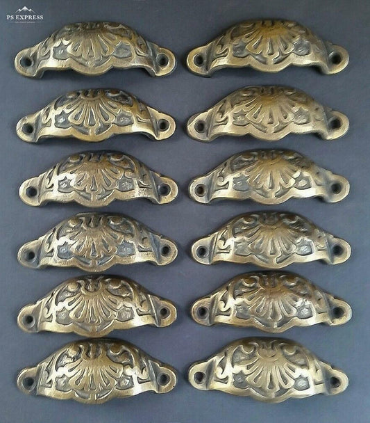 12 Apothecary Drawer Cup Bin Pulls Brass Handles Ant. Vict. Style approx 3" #A2