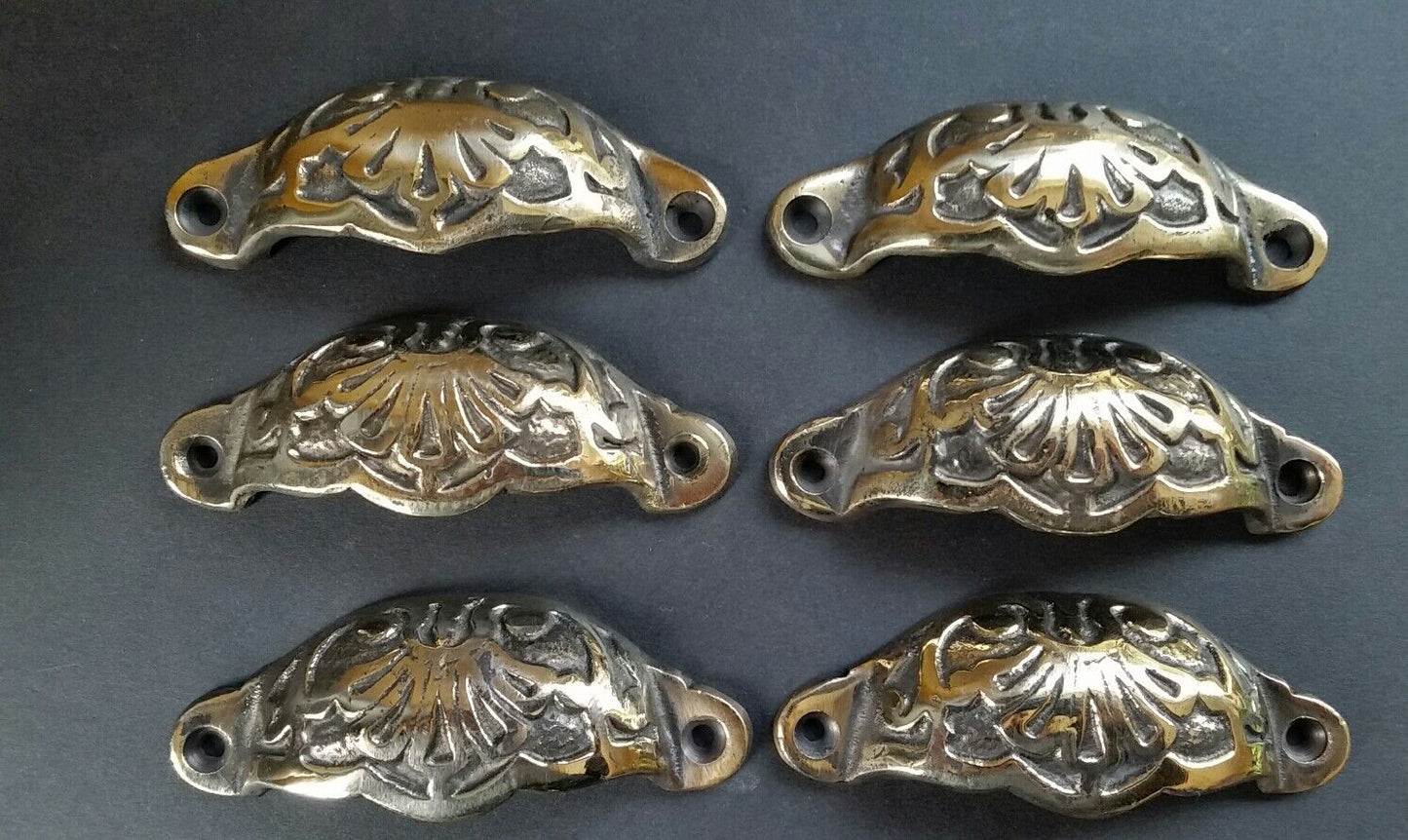 6 Apothecary Drawer Bin Pull Handles POLISHED Brass Ant.Victorian Style 3"c. #A2